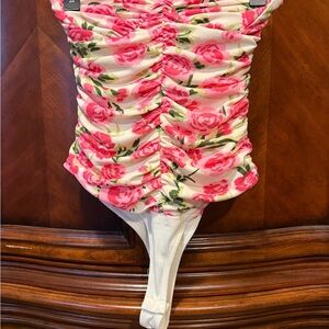 NEW! ZARA Pink Floral Ruched Bodysuit size small